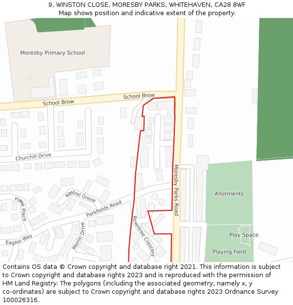 9, WINSTON CLOSE, MORESBY PARKS, WHITEHAVEN, CA28 8WF: Location map and indicative extent of plot