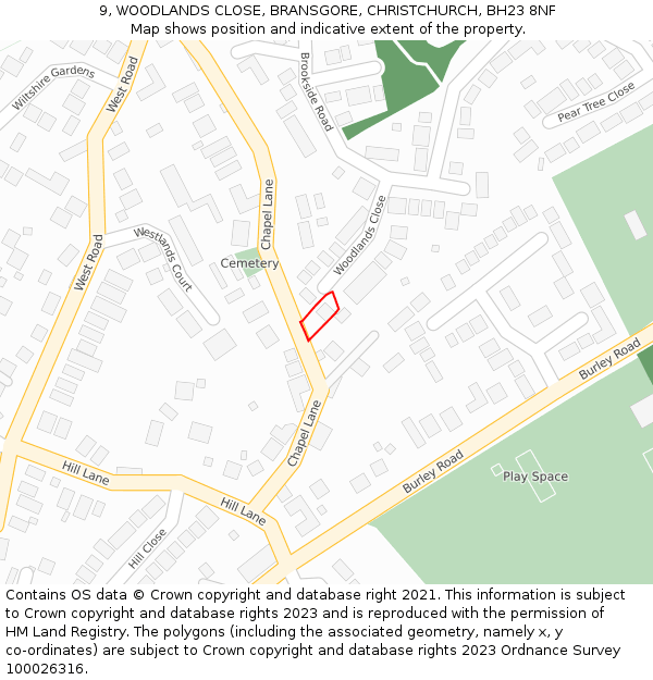 9, WOODLANDS CLOSE, BRANSGORE, CHRISTCHURCH, BH23 8NF: Location map and indicative extent of plot