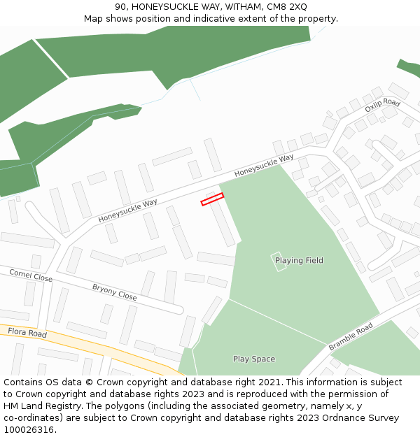 90, HONEYSUCKLE WAY, WITHAM, CM8 2XQ: Location map and indicative extent of plot