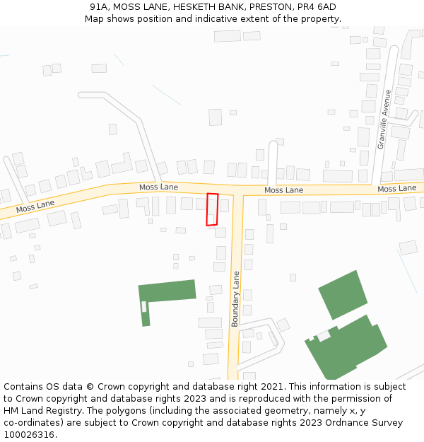 91A, MOSS LANE, HESKETH BANK, PRESTON, PR4 6AD: Location map and indicative extent of plot