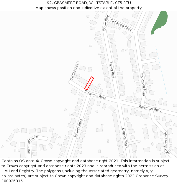 92, GRASMERE ROAD, WHITSTABLE, CT5 3EU: Location map and indicative extent of plot