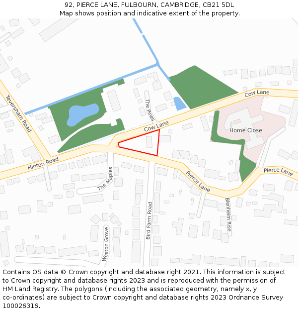 92, PIERCE LANE, FULBOURN, CAMBRIDGE, CB21 5DL: Location map and indicative extent of plot