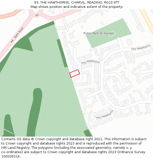 93, THE HAWTHORNS, CHARVIL, READING, RG10 9TT: Location map and indicative extent of plot