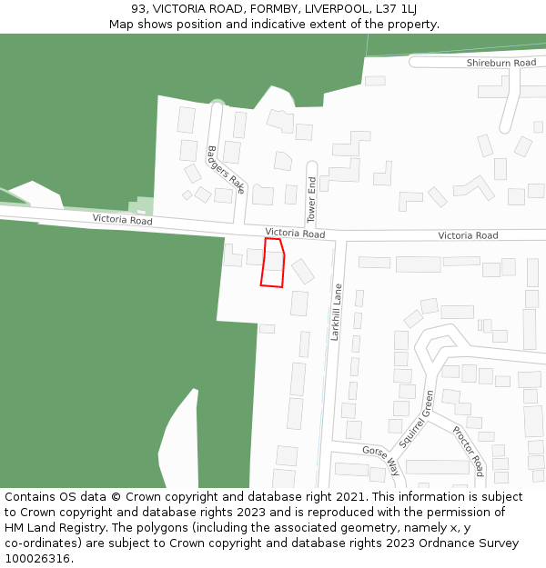 93, VICTORIA ROAD, FORMBY, LIVERPOOL, L37 1LJ: Location map and indicative extent of plot