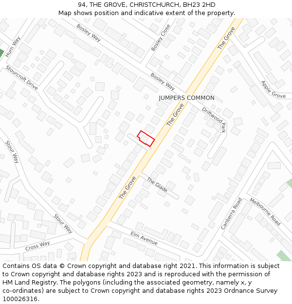 94, THE GROVE, CHRISTCHURCH, BH23 2HD: Location map and indicative extent of plot