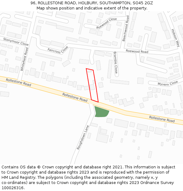 96, ROLLESTONE ROAD, HOLBURY, SOUTHAMPTON, SO45 2GZ: Location map and indicative extent of plot