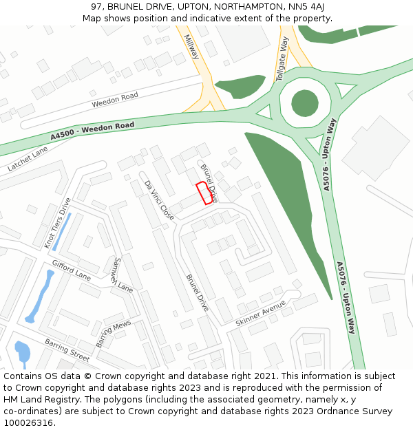 97, BRUNEL DRIVE, UPTON, NORTHAMPTON, NN5 4AJ: Location map and indicative extent of plot