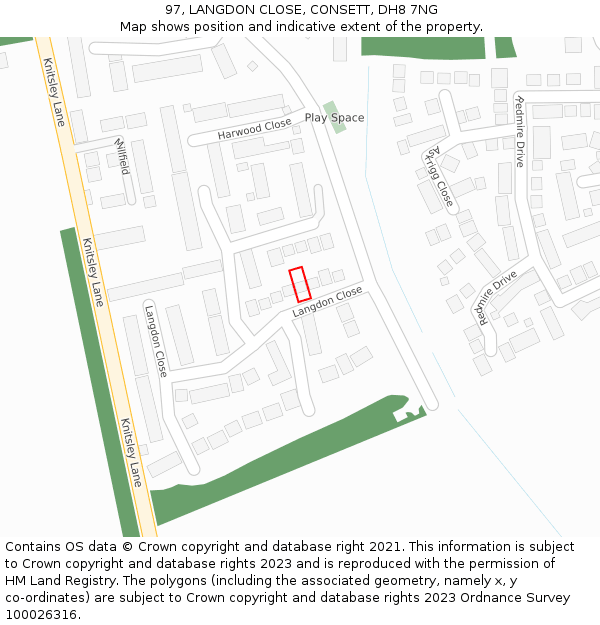 97, LANGDON CLOSE, CONSETT, DH8 7NG: Location map and indicative extent of plot