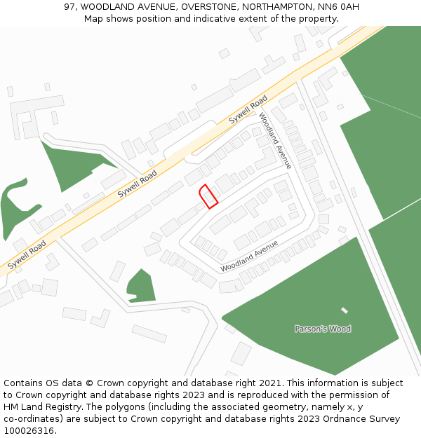 97, WOODLAND AVENUE, OVERSTONE, NORTHAMPTON, NN6 0AH: Location map and indicative extent of plot