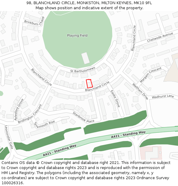 98, BLANCHLAND CIRCLE, MONKSTON, MILTON KEYNES, MK10 9FL: Location map and indicative extent of plot