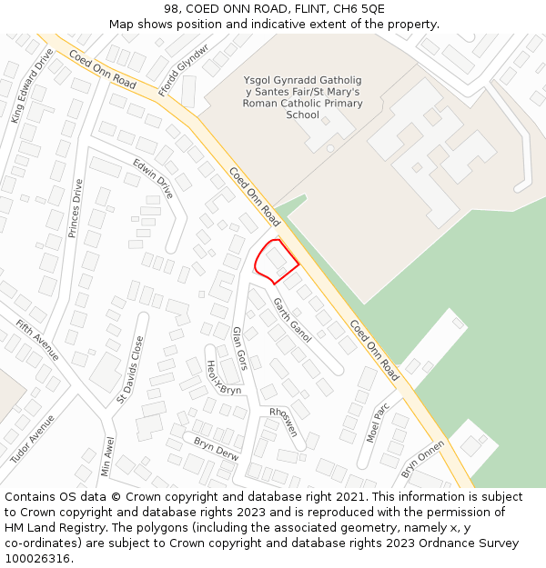 98, COED ONN ROAD, FLINT, CH6 5QE: Location map and indicative extent of plot