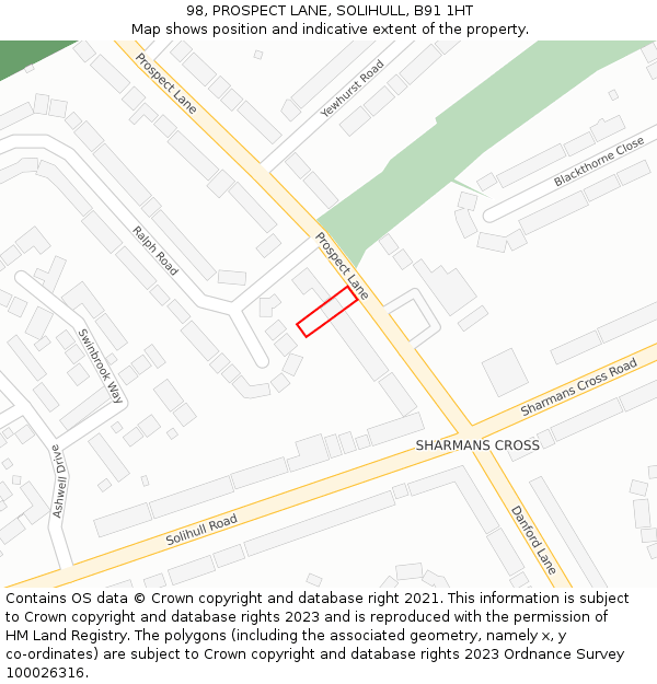 98, PROSPECT LANE, SOLIHULL, B91 1HT: Location map and indicative extent of plot