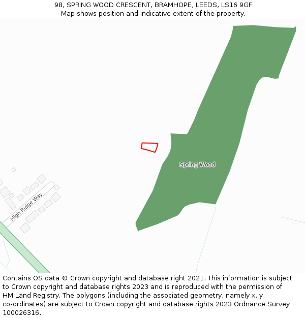 98, SPRING WOOD CRESCENT, BRAMHOPE, LEEDS, LS16 9GF: Location map and indicative extent of plot