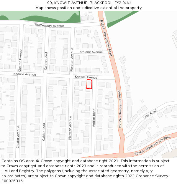 99, KNOWLE AVENUE, BLACKPOOL, FY2 9UU: Location map and indicative extent of plot