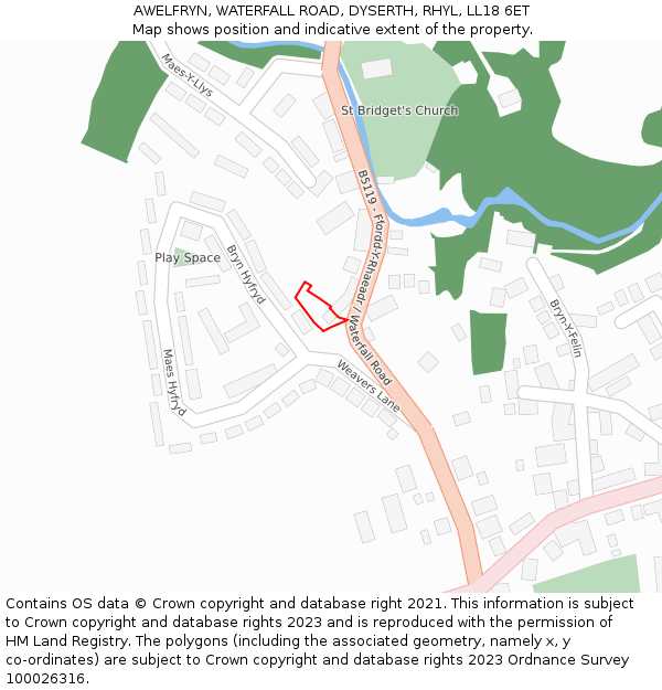 AWELFRYN, WATERFALL ROAD, DYSERTH, RHYL, LL18 6ET: Location map and indicative extent of plot