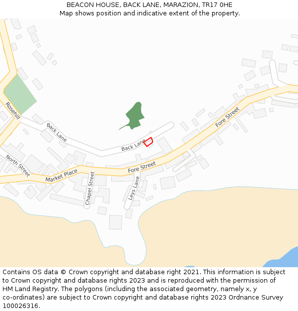 BEACON HOUSE, BACK LANE, MARAZION, TR17 0HE: Location map and indicative extent of plot