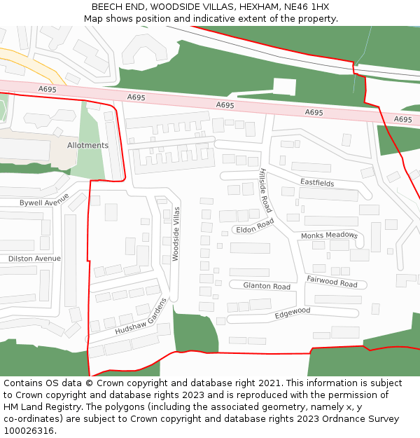 BEECH END, WOODSIDE VILLAS, HEXHAM, NE46 1HX: Location map and indicative extent of plot