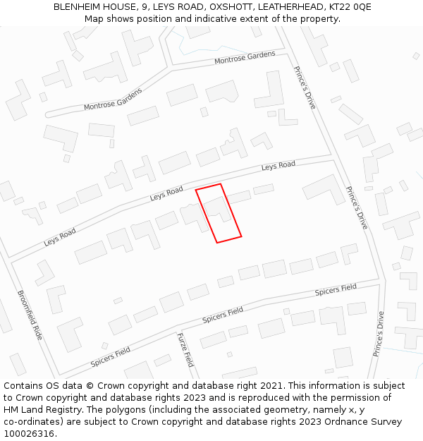 BLENHEIM HOUSE, 9, LEYS ROAD, OXSHOTT, LEATHERHEAD, KT22 0QE: Location map and indicative extent of plot