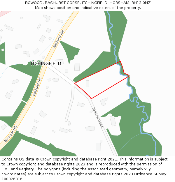 BOWOOD, BASHURST COPSE, ITCHINGFIELD, HORSHAM, RH13 0NZ: Location map and indicative extent of plot