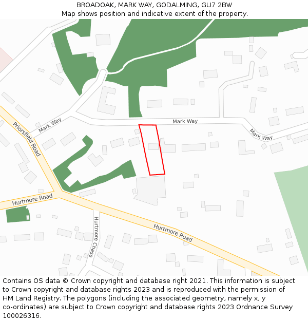 BROADOAK, MARK WAY, GODALMING, GU7 2BW: Location map and indicative extent of plot