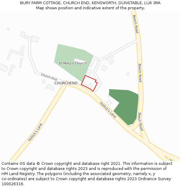 BURY FARM COTTAGE, CHURCH END, KENSWORTH, DUNSTABLE, LU6 3RA: Location map and indicative extent of plot