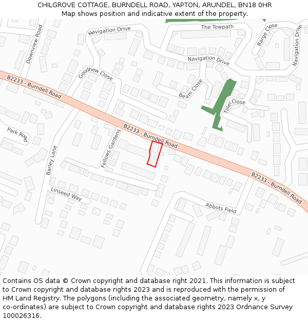 CHILGROVE COTTAGE, BURNDELL ROAD, YAPTON, ARUNDEL, BN18 0HR: Location map and indicative extent of plot