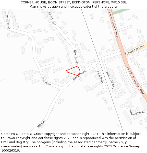 CORNER HOUSE, BOON STREET, ECKINGTON, PERSHORE, WR10 3BL: Location map and indicative extent of plot