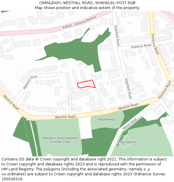 CRANLEIGH, WESTHILL ROAD, SHANKLIN, PO37 6QB: Location map and indicative extent of plot