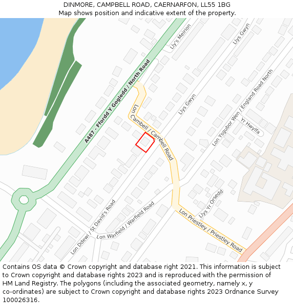 DINMORE, CAMPBELL ROAD, CAERNARFON, LL55 1BG: Location map and indicative extent of plot