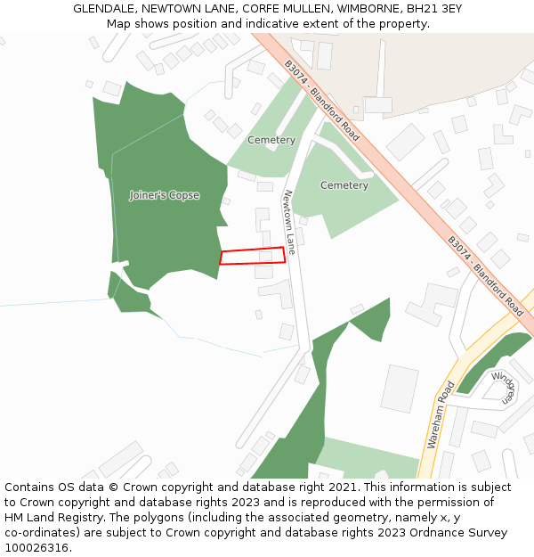 GLENDALE, NEWTOWN LANE, CORFE MULLEN, WIMBORNE, BH21 3EY: Location map and indicative extent of plot