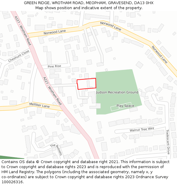 GREEN RIDGE, WROTHAM ROAD, MEOPHAM, GRAVESEND, DA13 0HX: Location map and indicative extent of plot