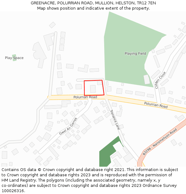 GREENACRE, POLURRIAN ROAD, MULLION, HELSTON, TR12 7EN: Location map and indicative extent of plot