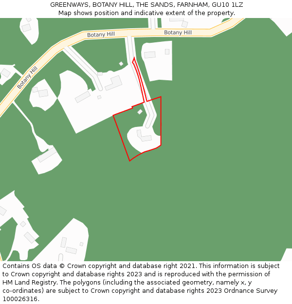 GREENWAYS, BOTANY HILL, THE SANDS, FARNHAM, GU10 1LZ: Location map and indicative extent of plot