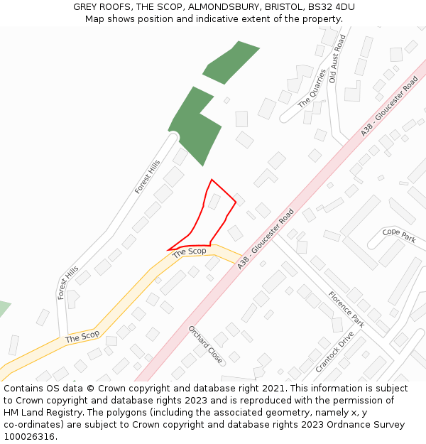 GREY ROOFS, THE SCOP, ALMONDSBURY, BRISTOL, BS32 4DU: Location map and indicative extent of plot