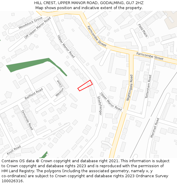 HILL CREST, UPPER MANOR ROAD, GODALMING, GU7 2HZ: Location map and indicative extent of plot