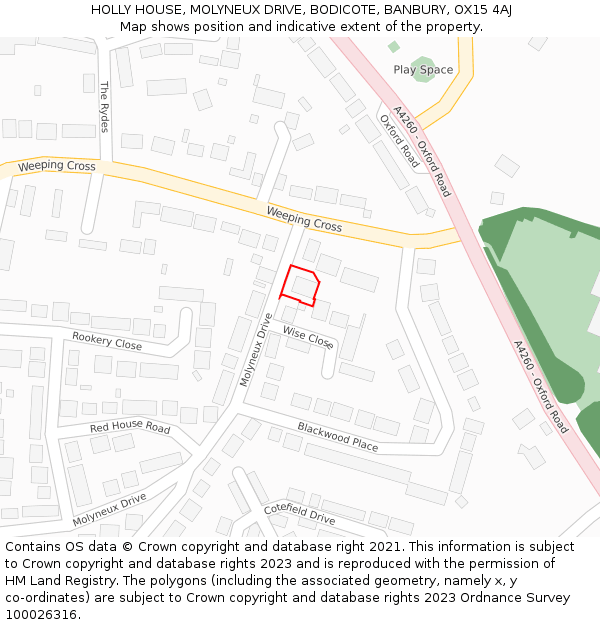 HOLLY HOUSE, MOLYNEUX DRIVE, BODICOTE, BANBURY, OX15 4AJ: Location map and indicative extent of plot