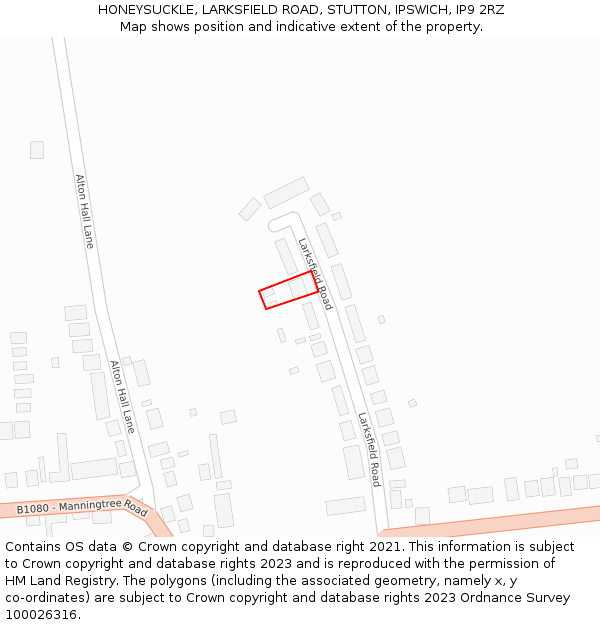 HONEYSUCKLE, LARKSFIELD ROAD, STUTTON, IPSWICH, IP9 2RZ: Location map and indicative extent of plot