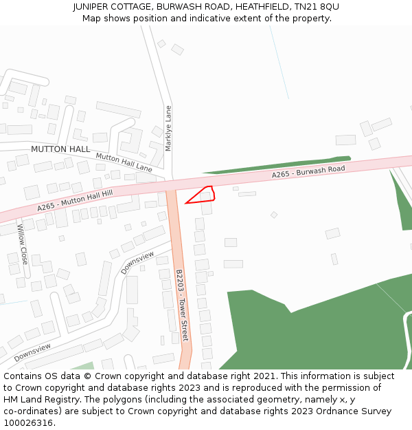 JUNIPER COTTAGE, BURWASH ROAD, HEATHFIELD, TN21 8QU: Location map and indicative extent of plot