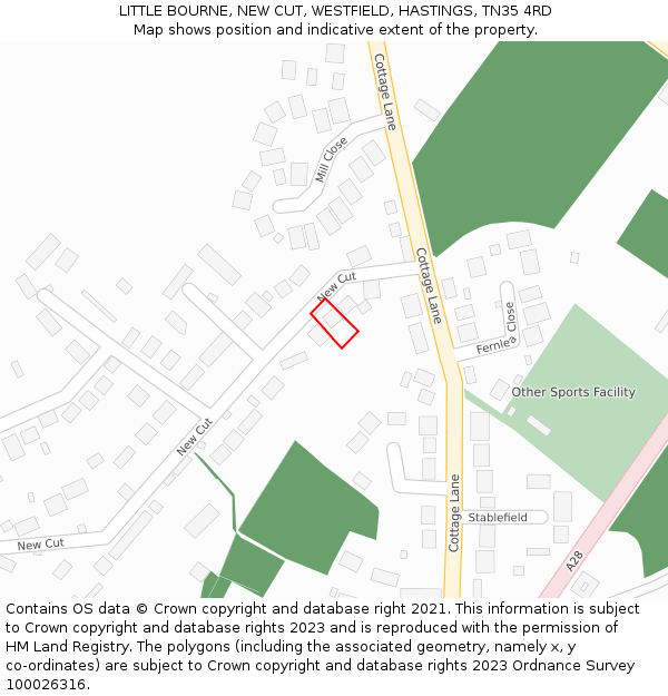 LITTLE BOURNE, NEW CUT, WESTFIELD, HASTINGS, TN35 4RD: Location map and indicative extent of plot