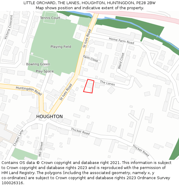 LITTLE ORCHARD, THE LANES, HOUGHTON, HUNTINGDON, PE28 2BW: Location map and indicative extent of plot