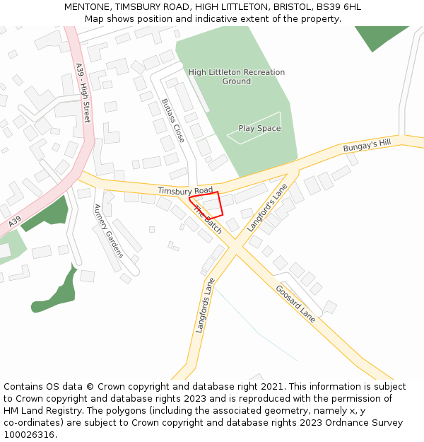 MENTONE, TIMSBURY ROAD, HIGH LITTLETON, BRISTOL, BS39 6HL: Location map and indicative extent of plot