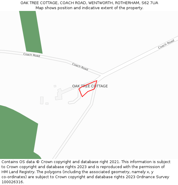 OAK TREE COTTAGE, COACH ROAD, WENTWORTH, ROTHERHAM, S62 7UA: Location map and indicative extent of plot