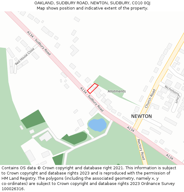 OAKLAND, SUDBURY ROAD, NEWTON, SUDBURY, CO10 0QJ: Location map and indicative extent of plot