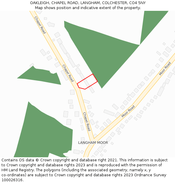 OAKLEIGH, CHAPEL ROAD, LANGHAM, COLCHESTER, CO4 5NY: Location map and indicative extent of plot