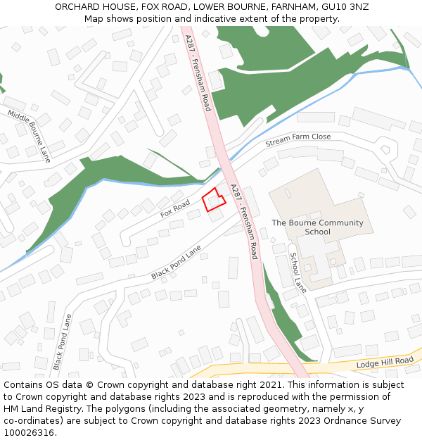 ORCHARD HOUSE, FOX ROAD, LOWER BOURNE, FARNHAM, GU10 3NZ: Location map and indicative extent of plot