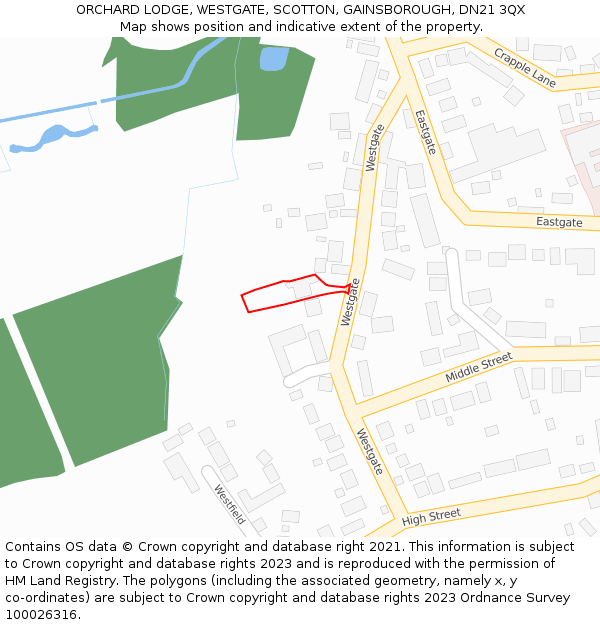 ORCHARD LODGE, WESTGATE, SCOTTON, GAINSBOROUGH, DN21 3QX: Location map and indicative extent of plot