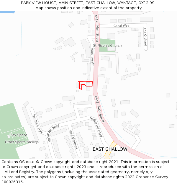 PARK VIEW HOUSE, MAIN STREET, EAST CHALLOW, WANTAGE, OX12 9SL: Location map and indicative extent of plot