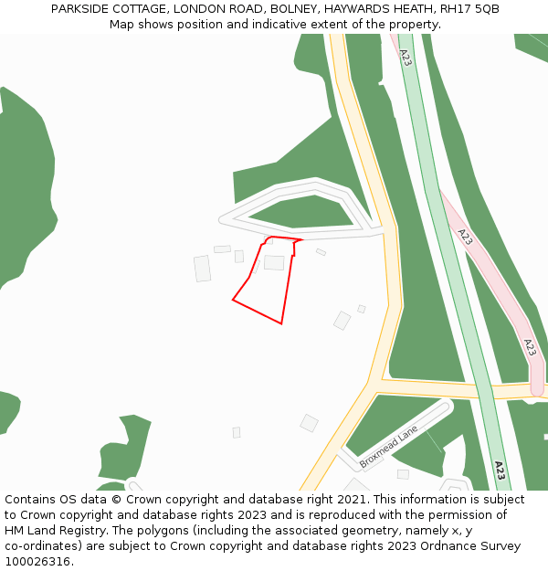 PARKSIDE COTTAGE, LONDON ROAD, BOLNEY, HAYWARDS HEATH, RH17 5QB: Location map and indicative extent of plot