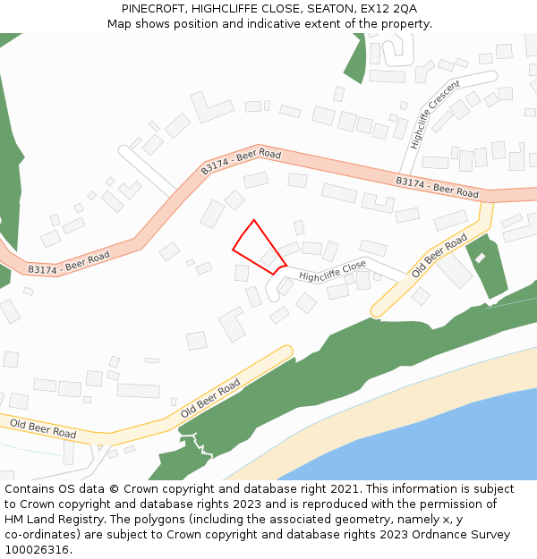 PINECROFT, HIGHCLIFFE CLOSE, SEATON, EX12 2QA: Location map and indicative extent of plot