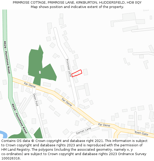 PRIMROSE COTTAGE, PRIMROSE LANE, KIRKBURTON, HUDDERSFIELD, HD8 0QY: Location map and indicative extent of plot